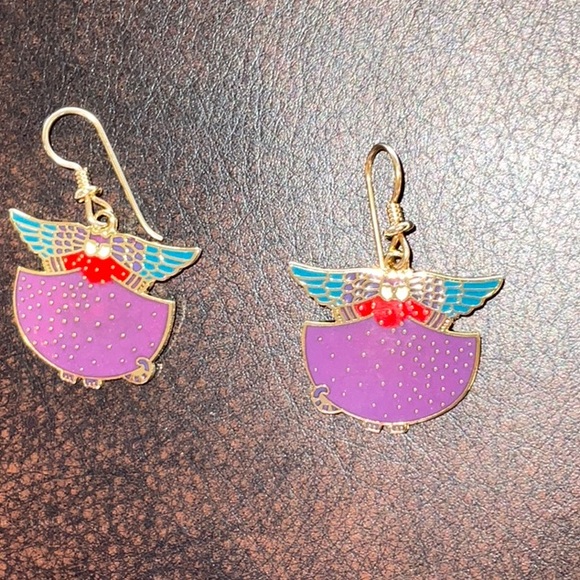 Laurel Burch Cloisonné Angelicat French Ear Wire Earrings 80s - Picture 1 of 9